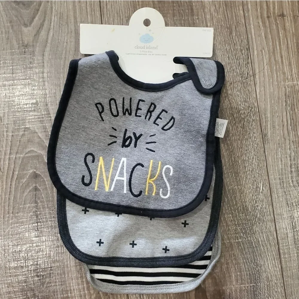 NEW Baby Bibs Cloud Island Gray and Black Snack Bib Set 3 Pieces